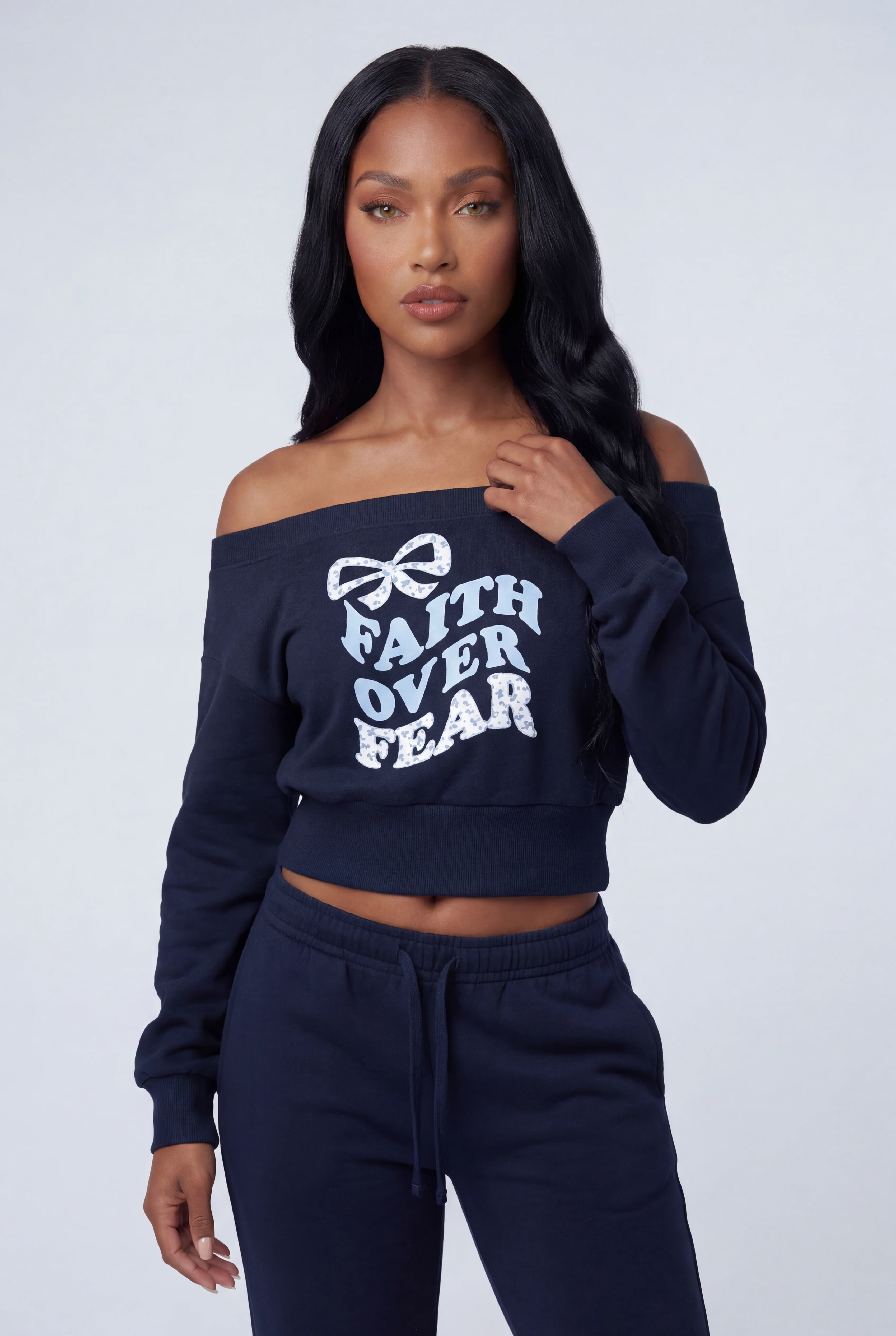 Fleece Graphic Off Shoulder Sweatshirt - Image 13