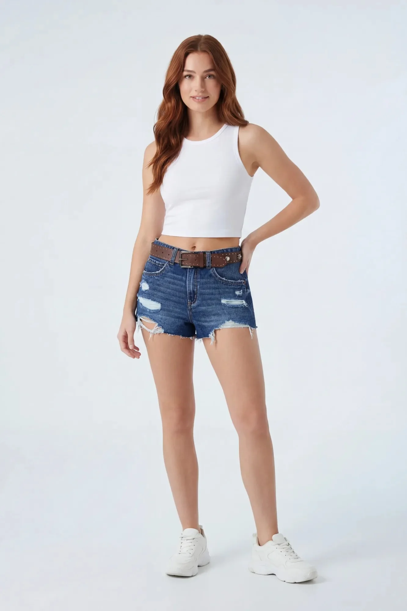 Ripped Denim Short with Belt - Image 19