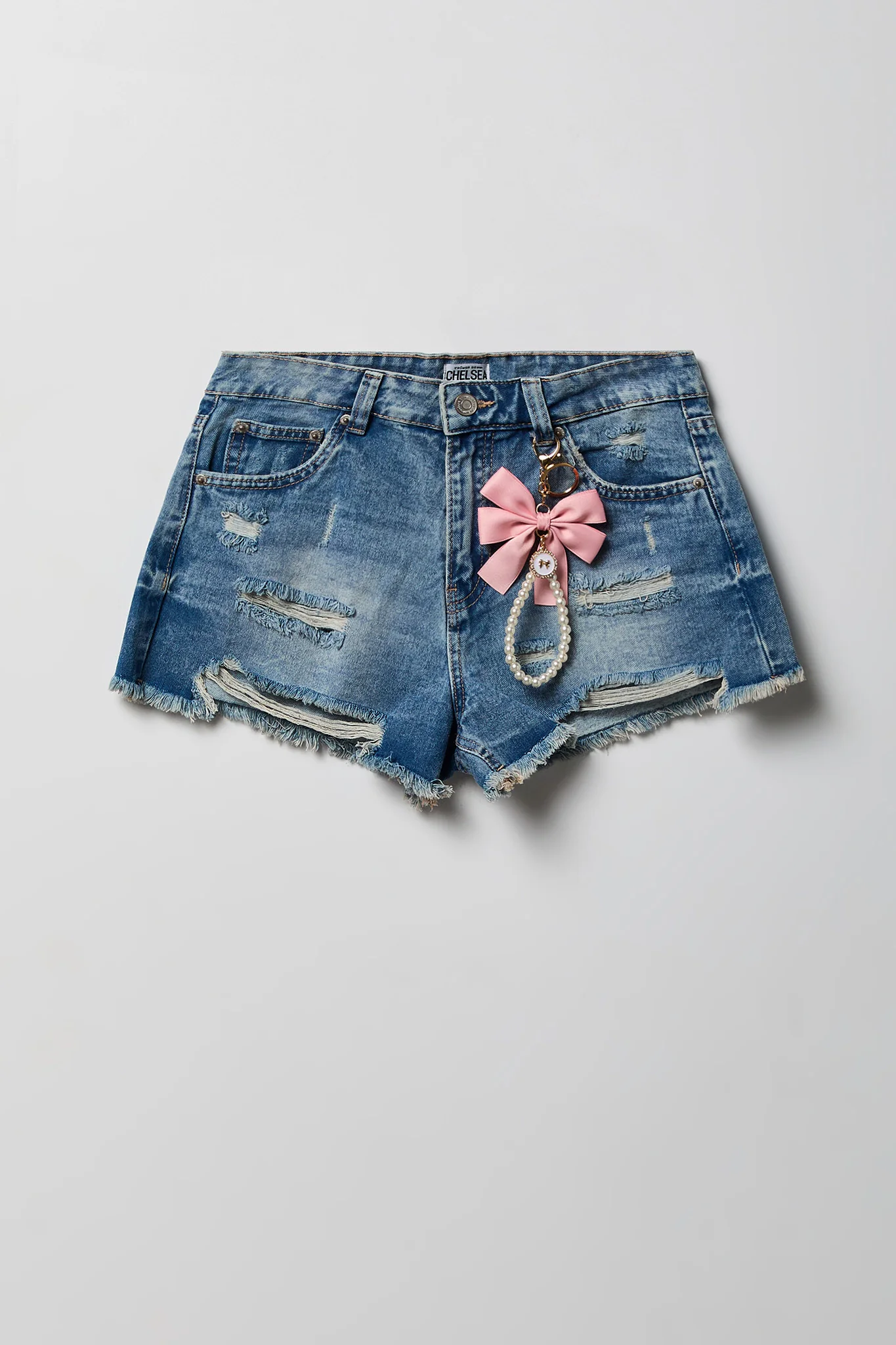 Ripped High Rise Medium Denim Short with Keychain - Image 4