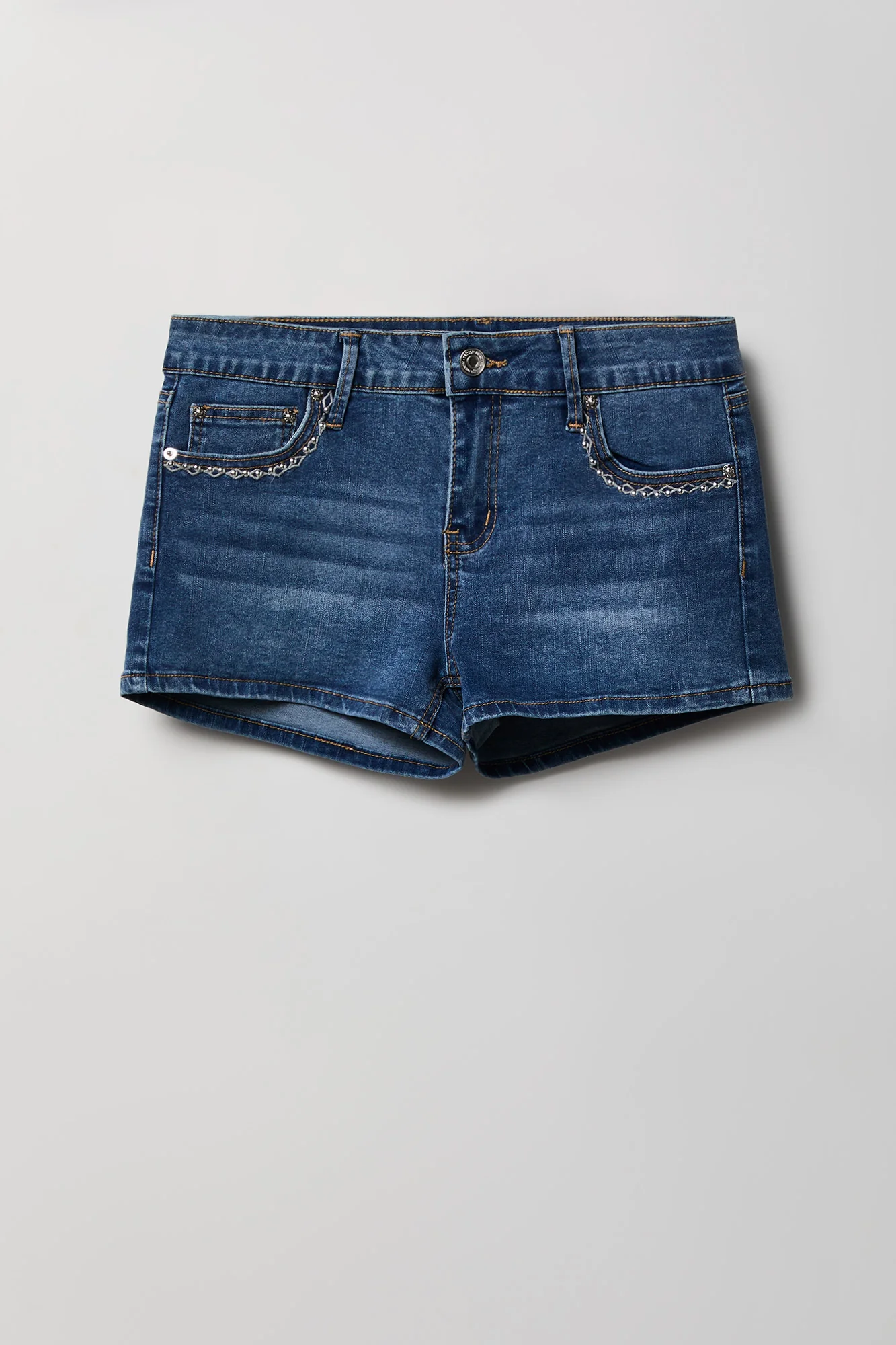 Stretch Mid Rise Rhinestone Detail Denim Short - Image 10