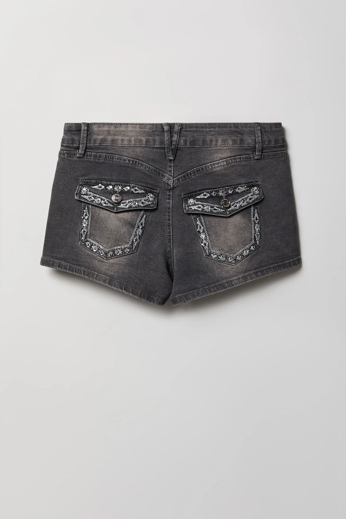 Stretch Mid Rise Rhinestone Detail Denim Short - Image 4