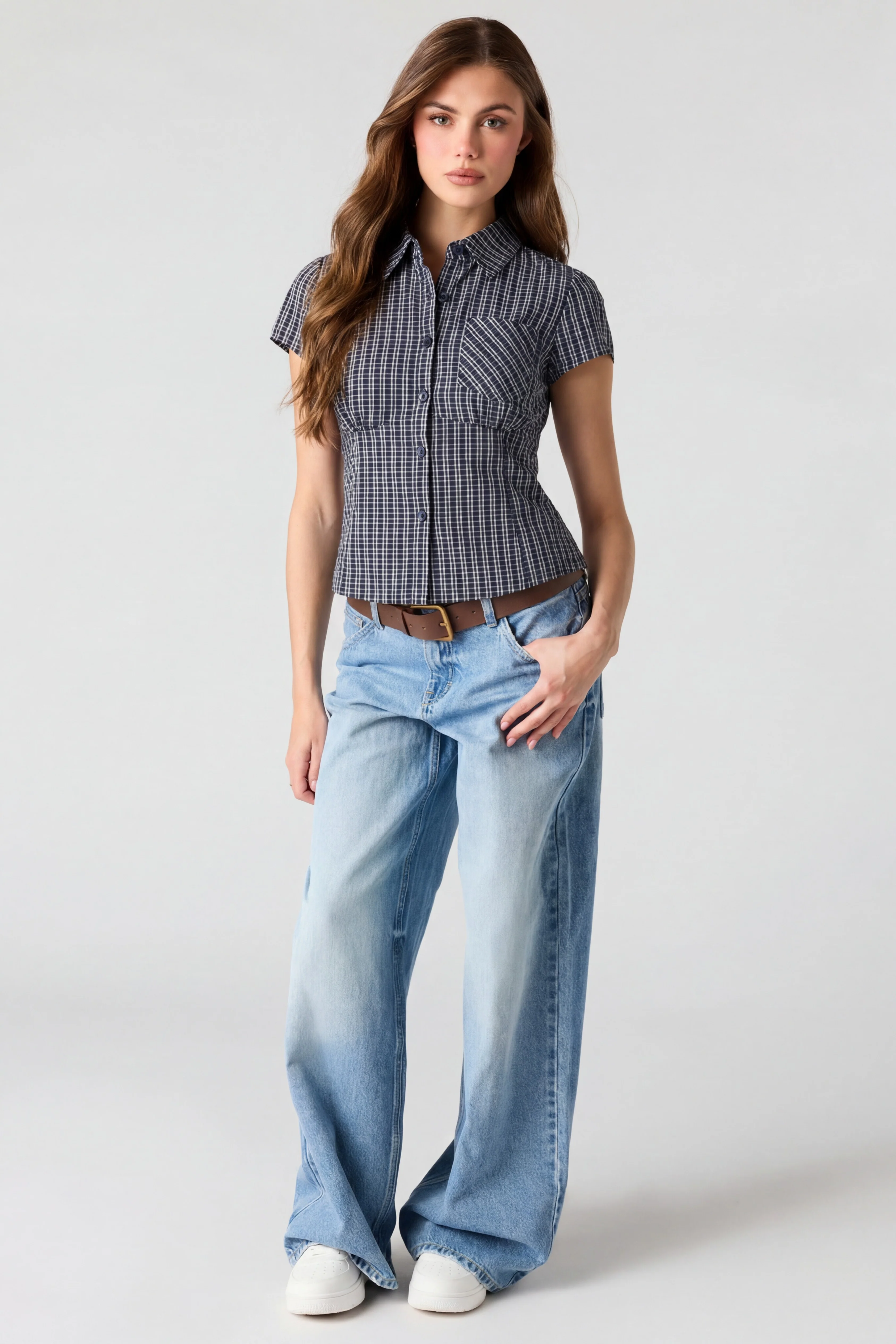 Fitted Short Sleeve Button-Up Top - Image 3