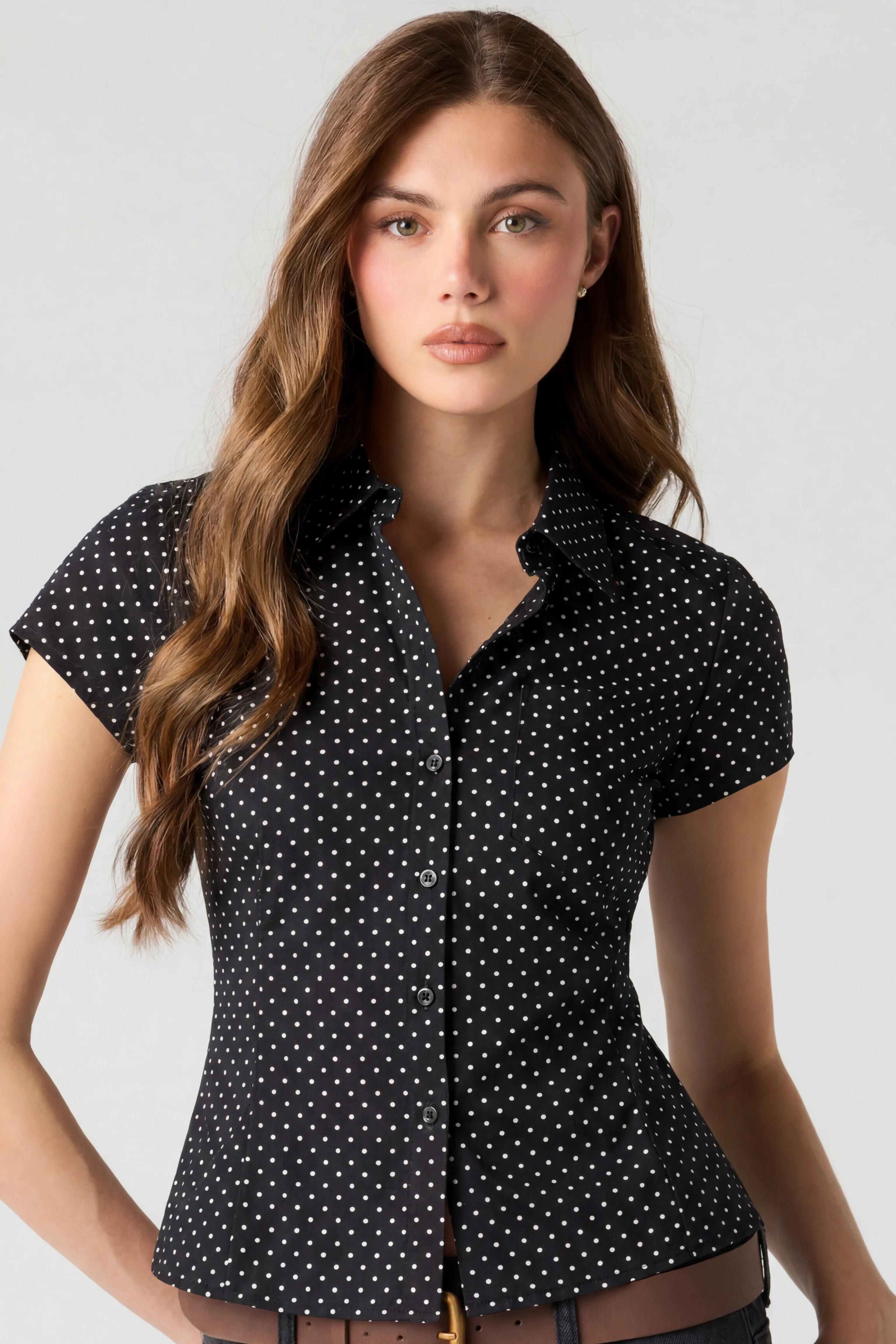 Fitted Short Sleeve Button-Up Top - Image 4