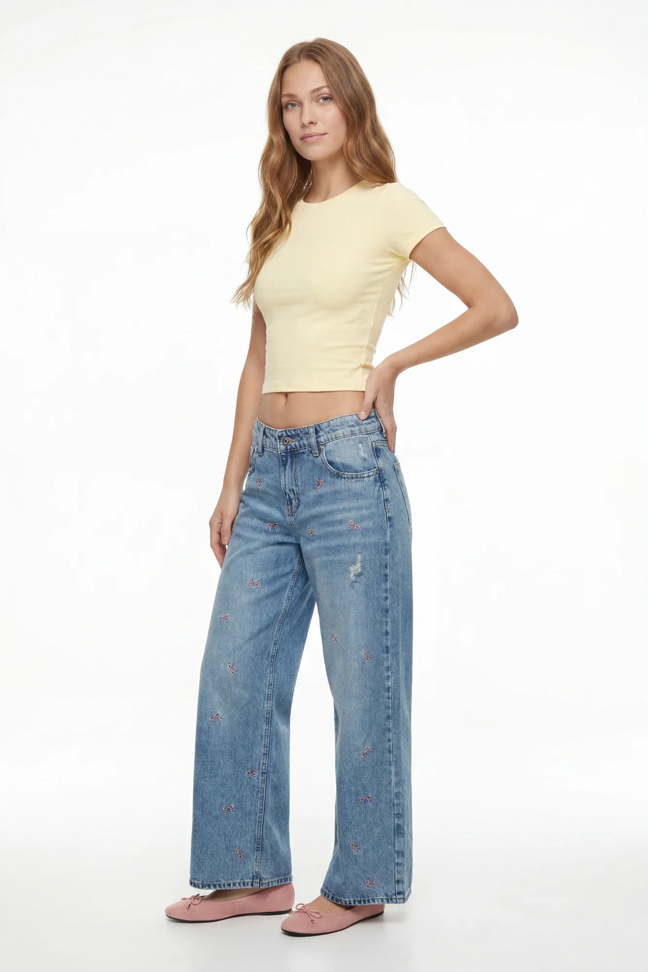 Low Rise Bow Embroidered Baggy Denim Jean - Image 8