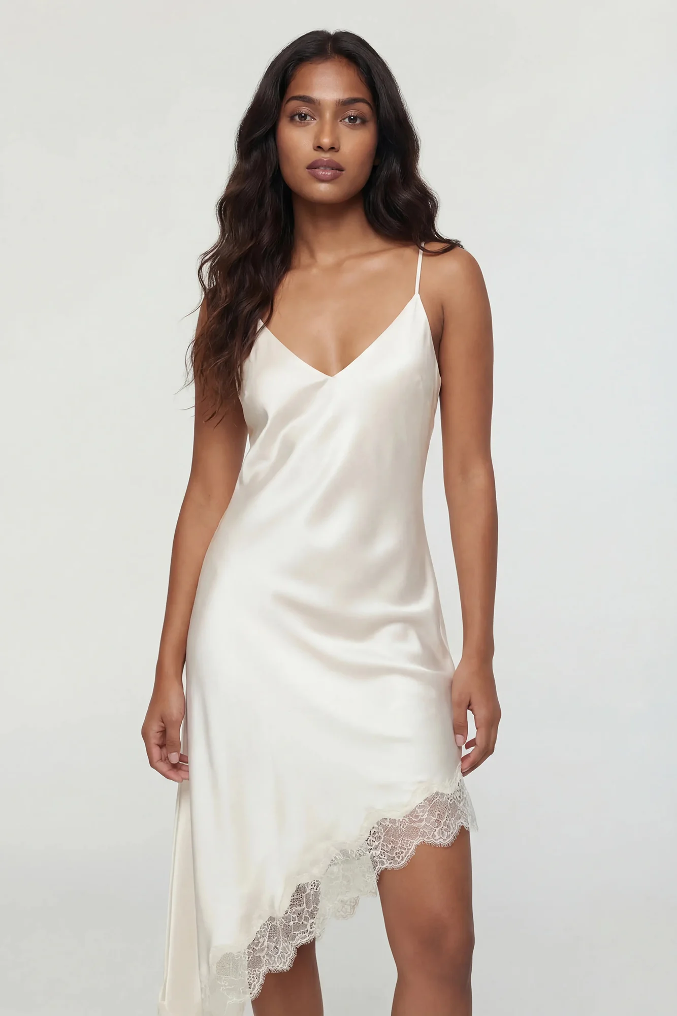 Satin V-Neck Lace Trim Asymmetrical Midi Dress - Image 3