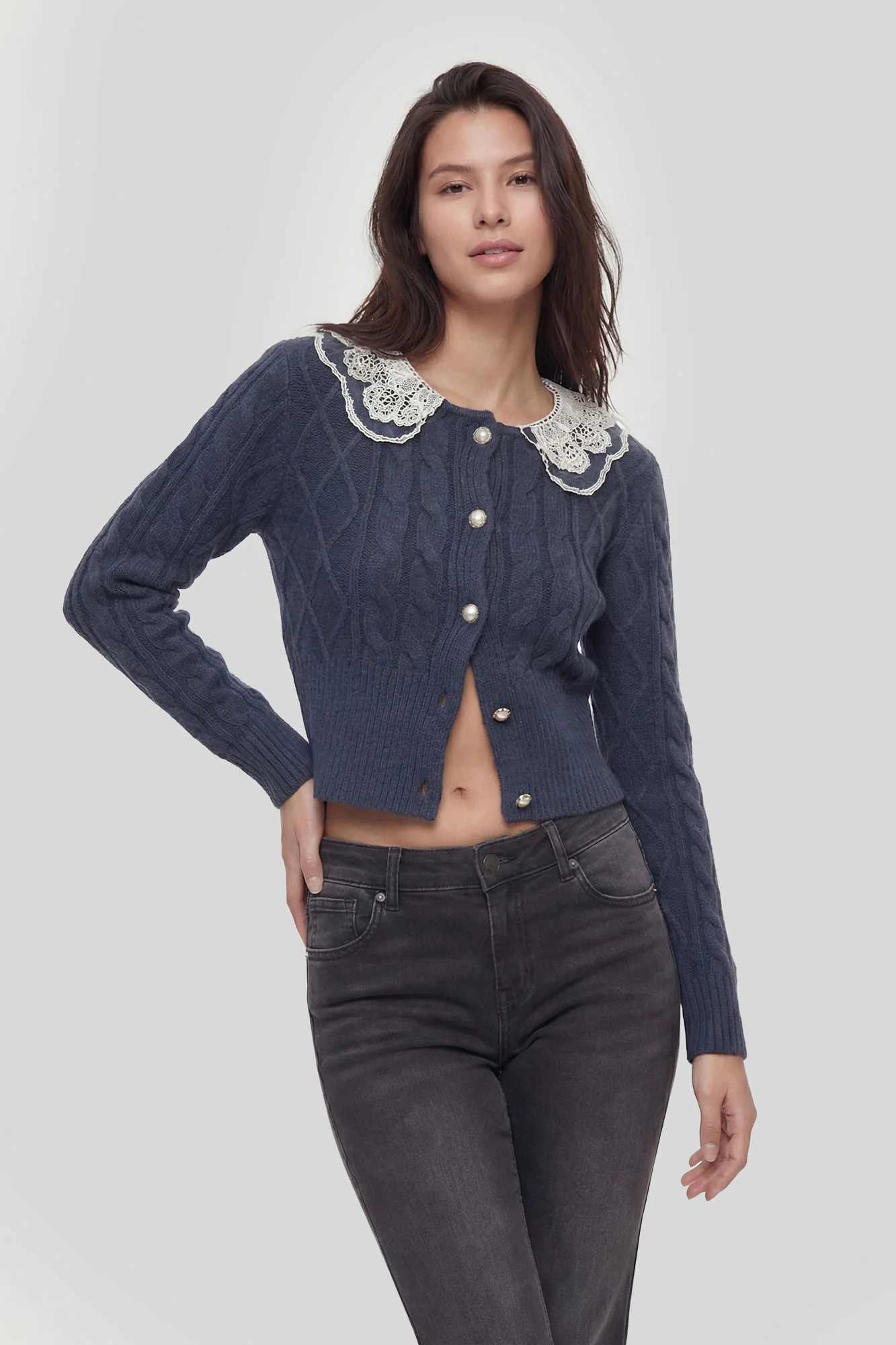 Lace Collar Cable Knit Cardigan - Image 8